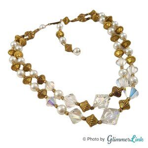 VTG Double Strand AB Aurora Borealis Bicone Bead Faux Pearl Gold Tone Necklace